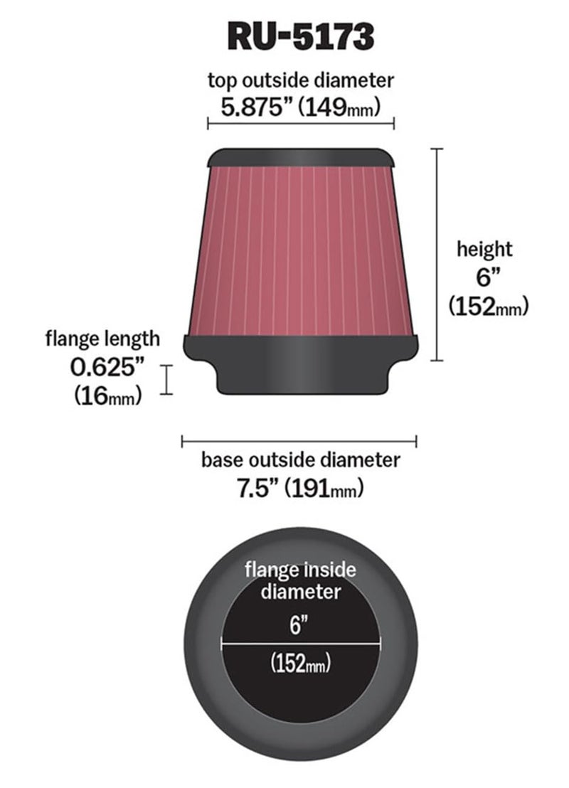 K&N High-Flow Original Lifetime Universal Clamp-On Air Filter: High Performance, Premium, Washable: Flange Diameter: 6 In, Filter Height: 6 In, Flange Length: 0.625 In, Shape: Round Tapered, RU-5173 - Image 2